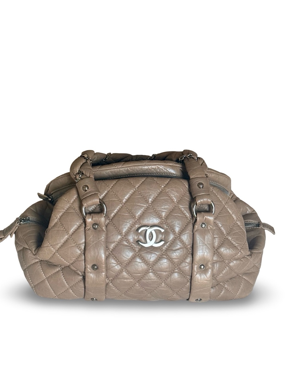 Chanel Lady Braid Bowler Bag  Distressed Lambskin Taupe Quilted Satchel 13” - Picture 6 of 11